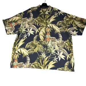 Tommy Bahama Mens XXL Silk Tropical Palm Leaf Print Button Front Shirt Navy Blue